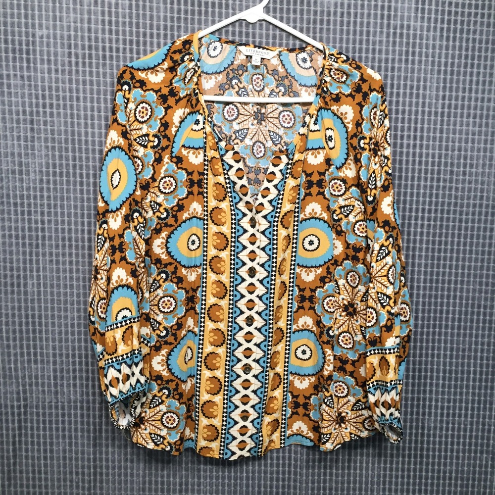 Liverpool Los Angeles Ocean Jasper Multi Medallion Blouse Blue Mustard M